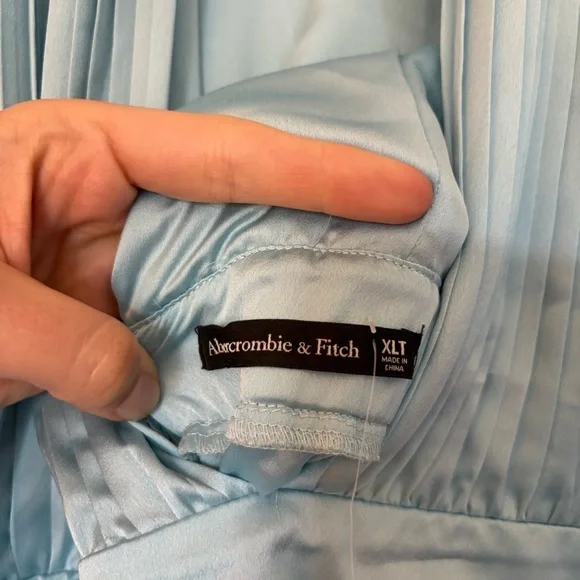 Abercrombie & Fitch Plunge Pleated Satin Mini Dress Sky Blue XLT Tall Long NWT - Picture 8 of 16